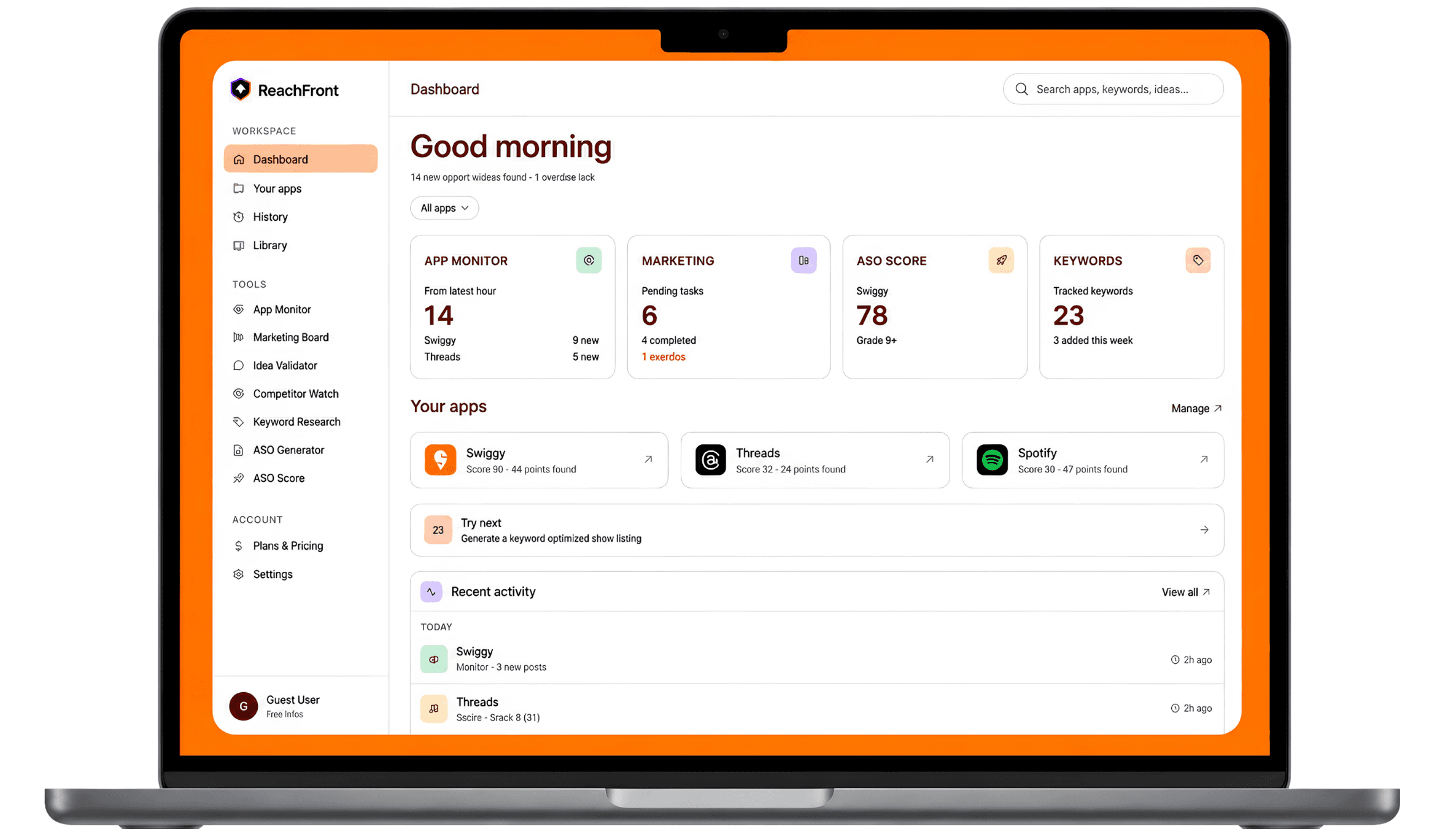 ReachFront workspace: Growth Engine surfacing live Reddit and X threads to promote your app, alongside ASO score and keyword tools